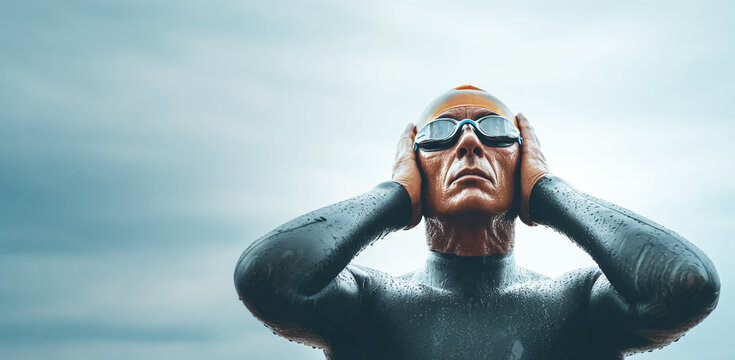 A man in a black wetsuit with a swimming cap and goggles is standing on the edge of an overcast, blue sky background, putting his hands behind his head to put.