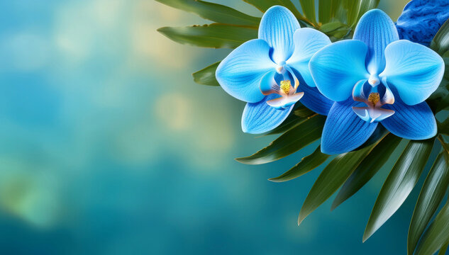 Fototapeta Close-up of vibrant blue orchid flowers with lush green leaves on a soft turquoise background. A tropical and exotic floral composition perfect for nature or botanical themes.