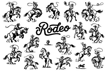 Rodeo cowboys riding bulls in dynamic vintage engraving style, Transparent Background