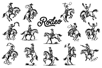 Rodeo cowboys riding bulls in dynamic vintage engraving style, Transparent Background