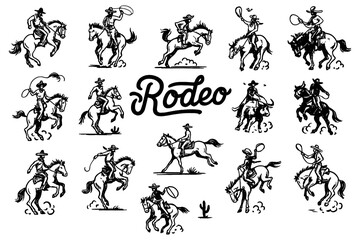 Rodeo cowboys riding bulls in dynamic vintage engraving style, Transparent Background