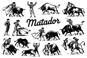 Fototapeta premium Traditional matadors and bullfighting scenes in vintage engraving style, Transparent Background