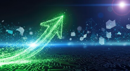 Green arrow pointing upward on conceptual background. Digital transformation and data flow. Business growth and technology advancement visualization for analysis.