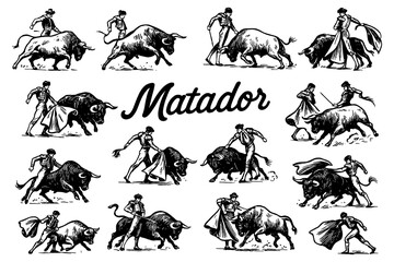 Traditional matadors and bullfighting scenes in vintage engraving style, Transparent Background