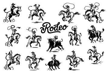 Rodeo cowboys riding bulls in dynamic vintage engraving style, Transparent Background