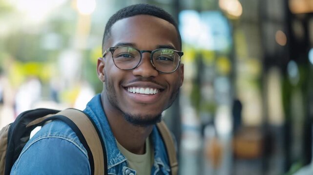 Smiling African American student with backpack in urban environment. Great for education and diverse lifestyle marketing campaigns.