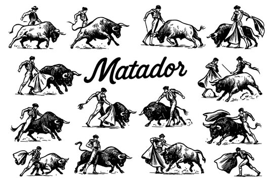 Traditional matadors and bullfighting scenes in vintage engraving style, Transparent Background