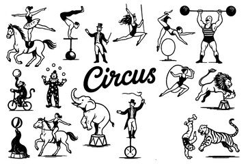 Vintage circus performers and animals in classic engraving style, Transparent Background © SenorPinky