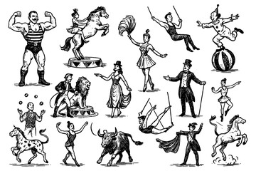 Vintage circus performers and animals in classic engraving style, Transparent Background © SenorPinky