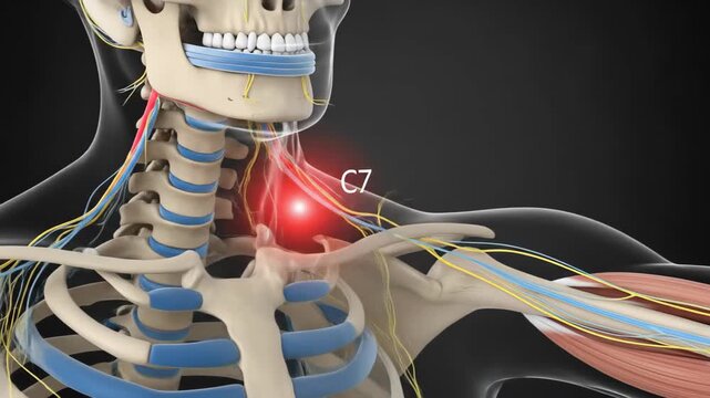 Detailed 3D animation illustrating nerve compression and pain radiating from the C7 cervical vertebra in the human neck, highlighting neurological discomfort and spinal anatomy.