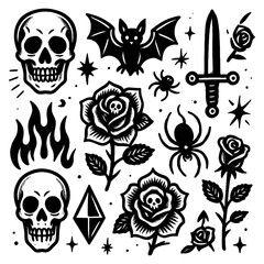 Spooky Halloween icons with skulls, ghost, and witch elements in bold black style, Transparent Background