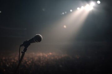 An empty microphone on stage with a single spotlight, the silhouettes of the crowd blurred far back, the mood dark and gloomy.