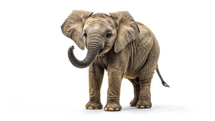Obraz premium Adorable baby elephant portrait with playful trunk on white background evokes warm caring feelings