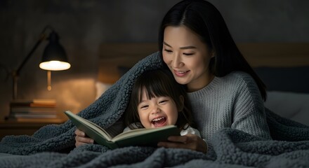 A mother and her laughing daughter share a joyful moment reading a book under a warm blanket in a dimly lit bedroom