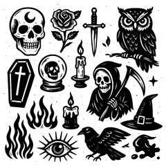 Obraz premium Spooky Halloween icons with skulls, ghost, and witch elements in bold black style, Transparent Background