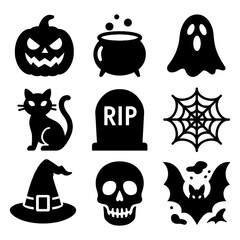 Spooky Halloween icons with skulls, ghost, and witch elements in bold black style, Transparent Background