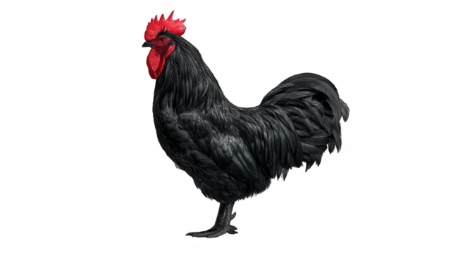 A regal Ayam Cemani chicken with striking black plumage and a vibrant red comb stands proudly against a dark backdrop.