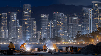 Nighttime construction workers welding with city skyline backdrop