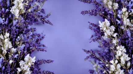Obraz premium Dried lavender and white flowers arranged on a lavender background.