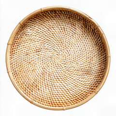 Authentic Round Woven Rattan Tray with Intricate Spiral Pattern, Ideal for Rustic Home Decor, Organic Food Presentation, or Bohemian-Inspired Interior Styling, Highlighting Natural Craftsmanship.
