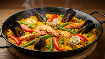 Sizzling paella pan filled with saffron rice, seafood, and vegetables