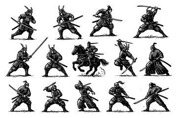 Samurai warriors in combat stances with swords in vintage engraving style, Transparent Background