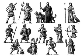 Ancient mythological deities in vintage engraving style, Transparent Background