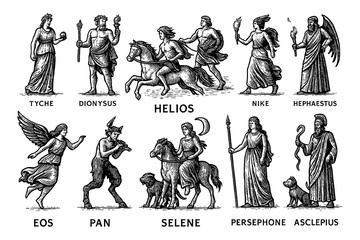 Ancient mythological deities in vintage engraving style, Transparent Background