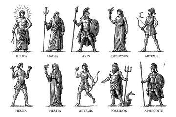 Ancient mythological deities in vintage engraving style, Transparent Background