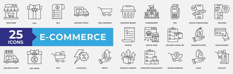 E-commerce icons collection set. Containing shopping cart, sale tag, bag, store, delivery, basket, credit card, market and product icon. Simple line vector illustration.
