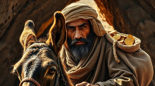 Ali Baba on a donkey joyfully transporting gold coin bags from a treasure cave entrance in sunlit desert &ndash; illustration for "Ali Baba and the Forty Thieves"