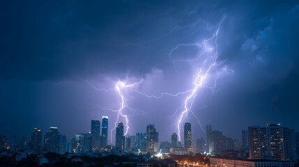 Lightning storm over modern city skyline at night