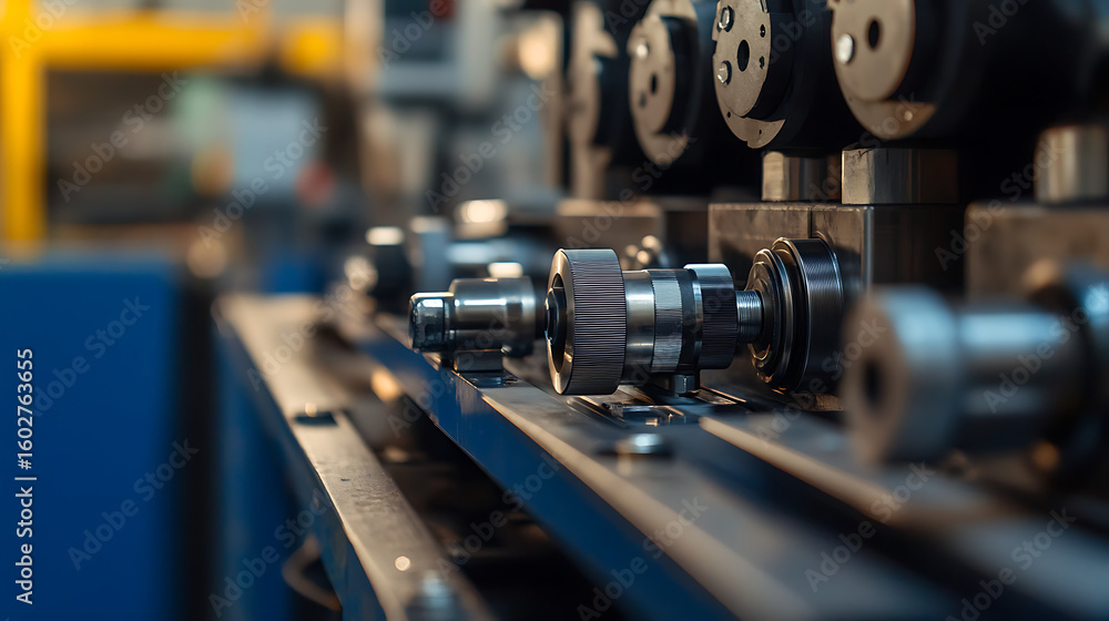 Poster a machine is in a factory with a blue background. the machine is making gears. the gears are being m