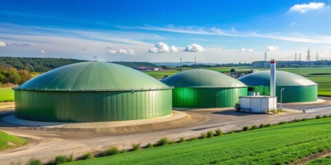Modern Green Biogas Digester Plant in a Rural Setting Under a Bright Sunny Sky