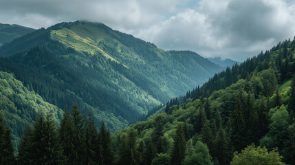 Obraz premium Lush green mountains with forest-covered slopes, daylight, partly cloudy sky, peaceful and fresh natural background