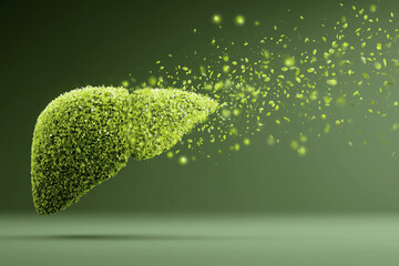 Vibrant green liver made of leaves symbolizes health and vitality, with particles of green flowing around it, creating sense of freshness and rejuvenation