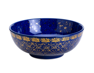 Thai blue ceramic bowl isolated on white background. Traditional Thai Ceramic Tray, Benjarong porcelain tray. Thai traditional Benjarong Ceramic. Blue porcelain ceramic plate, pottery Thai style.