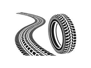 A clean, vector graphic showcasing a tire tread pattern curving along a path, and a tire itself.