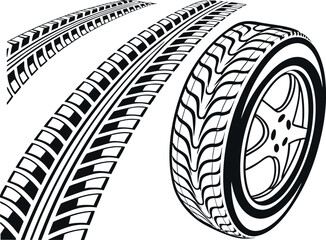 A clean, vector graphic showcasing a tire tread pattern curving along a path, and a tire itself.
