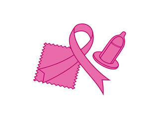 This graphic depicts a pink awareness ribbon intertwined with a barrier method, likely a condom, symbolizing safe sex and potentially breast cancer awareness.
