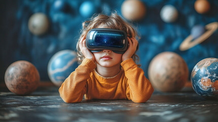 Child exploring virtual reality space simulation with VR headset surrounded by planets