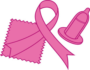 This graphic depicts a pink awareness ribbon intertwined with a barrier method, likely a condom, symbolizing safe sex and potentially breast cancer awareness.