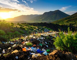 soil mixed with colorful micro plastics and natural debris, highlighting environmental protection