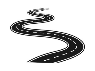This black and white vector graphic depicts a winding road, perfect for representing travel, adventure, or a journey.