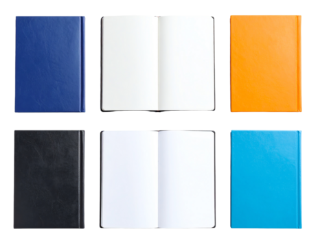 Set with multicolor notebooks on white background, top view. Banner design