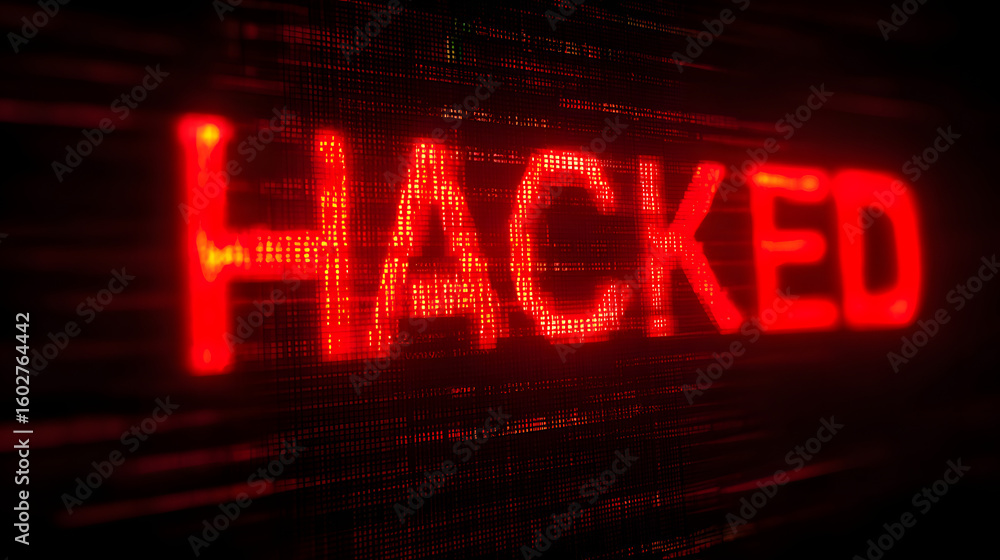 Poster abstract word signal or are warned that it has been hacked by viruses, malware or hackers on a red d