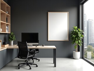 A sleek, modern office interior with minimalist design elements. The workspace features a large desk with a computer monitor, black ergonomic chair, and minimal accessories, all set against a sophisti