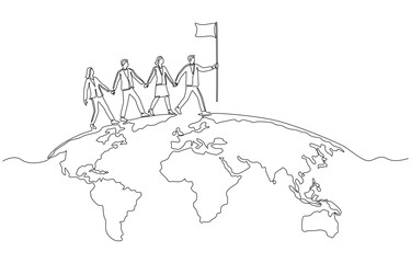 Continuous one line drawing of businesspeople holding hands following leader across world map ,  global business team concept, single line art 