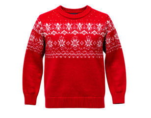 Red knitted Christmas ornated sweater isolated on white, winter holiday clothes. New year symbol. Knitwear. Traditional decorated jumper.