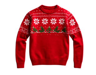 Red knitted Christmas ornated sweater isolated on white, winter holiday clothes. New year symbol. Knitwear. Traditional decorated jumper.